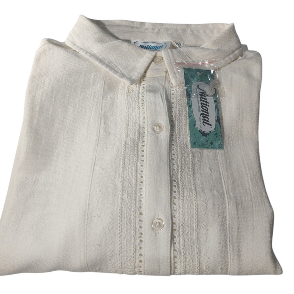 New National Button Up Blouse White Eyelet Trim Long Sleeve Womens Petite XL Tag